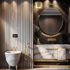 We believe bathrooms should be personal sanctuaries. This design uses dramatic marble for the walls and vanity, complemented by warm, gold-toned fixtures and ambient backlighting to create a spa-like experience at home.