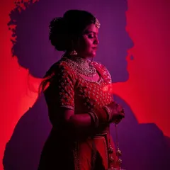 Another take on the creative shadow portrait, this time with a different color palette. The bride is bathed in red and purple light, with the groom's silhouette creating a dramatic and romantic effect.