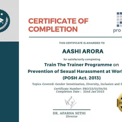 This is my foundational certification from Protouch for the 'Train The Trainer' program on the POSH Act, 2013. It certifies my comprehensive understanding of the law and my ability to train internal committees and employees effectively.