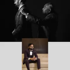 A touching black and white photo of a father helping his son with his suit, paired with a stylish portrait of the groom.