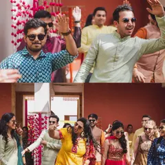 A collage showing the whole group, guys and girls, enjoying the flashmob dance at a sunny Mehendi party. My choreography focuses on simple, repeatable steps so everyone can feel confident and have a great time together.