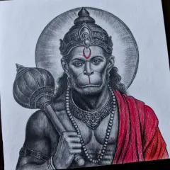 A portrait of Lord Hanuman, showcasing his strength and devotion. The sketch is done with pencil, focusing on the powerful expression and muscular form, with a red shawl added for a touch of color.