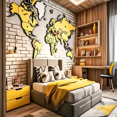 A travel-themed bedroom perfect for a young explorer. The room features a large world map wall decal, a brick-textured accent wall, and color-coordinated furniture in yellow and grey.