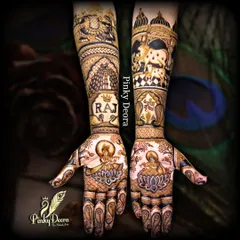A full bridal arm design dedicated to Shreenathji, blending deep faith with intricate artistry. This piece features detailed depictions of the deity, temple architecture, and holy cows, creating a canvas of blessings for the bride.