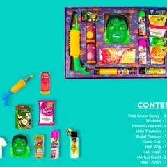 Get ready for a fun-filled Holi with this ultimate celebration kit. It includes everything from a pichkari and herbal gulal to a Hulk mask, snow spray, and thandai mix. It's a box full of mischief and joy.