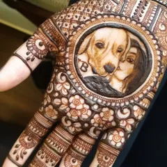 The final, stained portrait of the bride and her dog, Bruno. The deep, rich color from my herbal henna paste brings out the shading and details, creating a lasting and beautiful tribute.