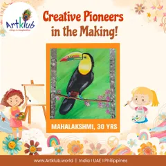 Mahalakshmi, age 30, is a creative pioneer, and her stunningly realistic toucan painting showcases the high level of skill our adult students can achieve.