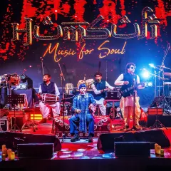 The full band on stage for 'Sukoon.' We created a special set that blended the energy of Sufi with the peaceful devotion of Bhajans.