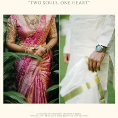 "Two Souls, One Heart." A diptych focusing on the textures and details of the bride's pink saree and the groom's traditional white attire.