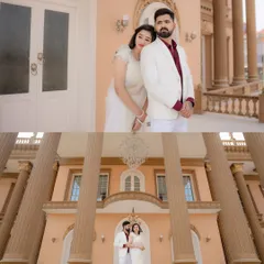 A collage showcasing a pre-wedding shoot at a grand, palatial location. The couple's elegant white outfits and the stunning architecture combine to create a feeling of modern royalty and timeless romance.