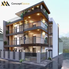This is a 3D design for a new residential project. The facade uses a mix of materials, including wood paneling and stone textures, with rounded balconies to soften the geometric structure.