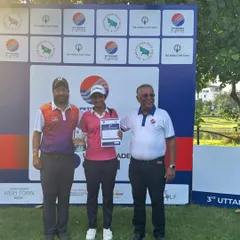 A Student Posing with Her Trophy at the 3rd UP Open: A huge congratulations to our student, Shreshtha Shukla, for winning the 3rd UP Open with an incredible score of 7 under par. Her skill and dedication were on full display.