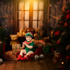 This little elf is ready for Christmas, sitting in a sleigh in a cozy, warmly lit room filled with presents and holiday cheer.
