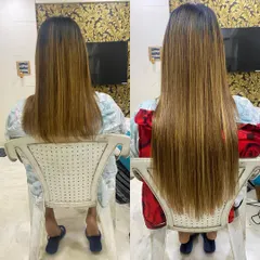 A perfect example of adding significant length and fullness. This before-and-after shows the power of micro ring extensions to create a sleek, straight, and incredibly long hairstyle that looks and feels completely natural.
