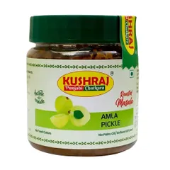 A jar of my Amla Pickle, made with Indian gooseberries and roasted spices. It's a healthy and delicious addition to any meal, and like all my pickles, it's FSSAI certified.