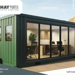 We take customization seriously for all our farmhouse cabins. This container-style office with a full glass wall is ideal for a serene work-from-nature setup, blending the indoors with the outdoors.