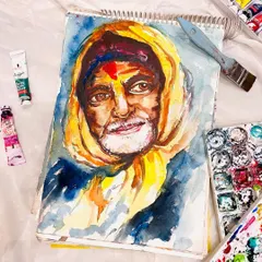 This expressive watercolor portrait captures the character and wisdom in the subject's face. We practice loose brushwork and color layering to achieve this effect.
