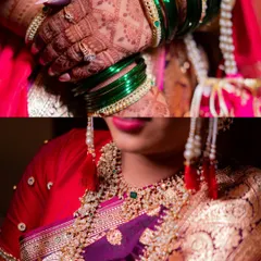 A detailed collage of the Maharashtrian bride, focusing on her hands with green bangles and mehndi, and a close-up of her lips and intricate necklace.