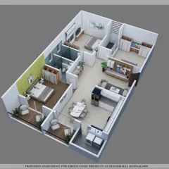 We also create detailed 3D floor plans for smaller units, like this 2BHK luxury flat. This visualization helps clients understand exactly how their furniture will fit and how they can best utilize the space available.