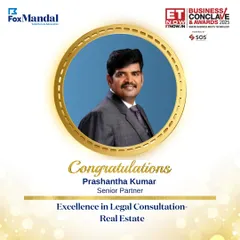 The official award graphic celebrating our Senior Partner, Prashantha Kumar, for his 'Excellence in Legal Consultation - Real Estate' by ET NOW. This recognition highlights our leadership in real estate legal advisory.