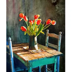 The beauty of a simple scene. This still life of tulips on a rustic table is an exercise in capturing atmosphere, the texture of wood, and the play of light streaming in from a window.
