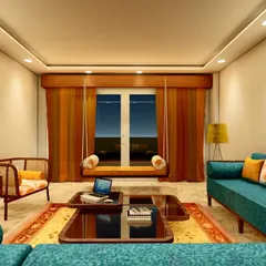 This render showcases a formal drawing room concept where handcrafted, bespoke furniture creates a flawless and sophisticated scheme. The vibrant turquoise sofas are juxtaposed with traditional cane armchairs and a hanging swing, creating a unique blend of modern color and classic form.