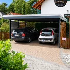 A practical and stylish solution for a two-car household. This carport uses a durable, powder-coated aluminium frame with a solid, weatherproof roof. The side panel with wooden slats adds a touch of warmth and privacy to the clean, functional design.