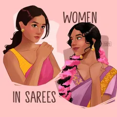 A composition featuring two distinct portraits of women in sarees. This piece showcases my ability to render different expressions and traditional attire in my signature semi-realistic style.