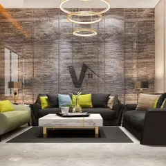This living room concept showcases a bold, textured stone wall as a backdrop for a comfortable seating area. A modern ring chandelier and a marble coffee table add layers of luxury, while pops of color in the cushions bring the space to life.