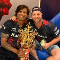 Celebrating the WPL victory with RCB Head Coach Luke Williams. Teamwork among the coaching staff is just as important as teamwork on the field.