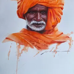 A watercolour portrait of a man in a vibrant orange turban. I used wet on wet techniques and splatters to create a dynamic and expressive feel.