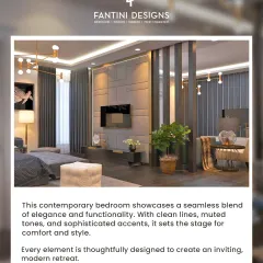 A contemporary bedroom with clean lines and muted tones. The partial partition adds architectural interest and separates the sleeping area from a small lounge space.