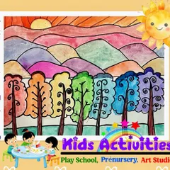 This magical landscape, full of rainbow-colored trees, is a beautiful example of the watercolor techniques our young artists learn. We guide them to explore colors and composition, allowing their imagination to bring scenes like this to life.