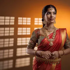 A professional ad-style shoot for jewelry, featuring a model in a traditional red saree. The studio lighting perfectly highlights the intricate details of the necklace and earrings.