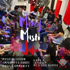 A poster for our 'Mazey Masti Jam,' inviting you to join our musical fusion event with impromptu bands and a thriving music community.