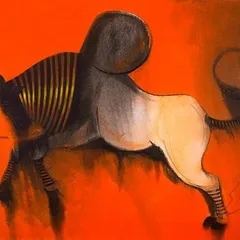 This piece from Harish Bhoyar's 'Bull Series' uses a fiery red background to emphasize the animal's power. The artist's stylized rendering captures the bull's graceful form and captivating beauty.