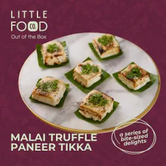 A true crowd pleaser, my Malai Truffle Paneer Tikka. This dish features soft cubes of paneer marinated in a creamy, truffle infused sauce and grilled to perfection, offering a bite of pure indulgence.