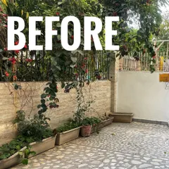 Another angle of the courtyard before we began, showing the bare walls and unused potential.