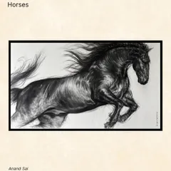 A stunningly realistic charcoal drawing of a black horse in motion by Anand Sai, its muscles and flowing mane captured with incredible detail.
