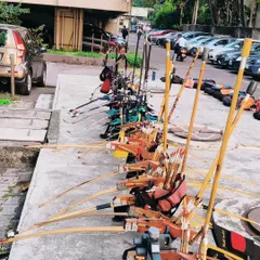 A lineup of our Indian Round Bows and other archery equipment during the annual Dussehra Shastra Puja. We teach students to care for their gear.