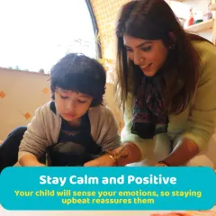 Your child senses your emotions, so staying calm and positive is key. Here, a mother offers gentle encouragement, creating a reassuring and happy environment.