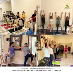 A collage from a recent workshop, showing students using chairs and other props to explore standing poses and twists. My workshops are designed to be interactive, with plenty of guidance and support for everyone.