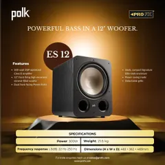 A detailed look at the POLK Signature Elite ES12 Subwoofer. This 12-inch, 300-watt powerhouse features dual front-facing Power Ports and a high-excursion woofer to bring your audio to life with deep, impactful bass.