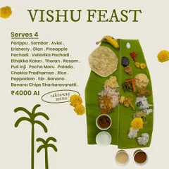 My Vishu Feast takeaway menu, which includes over 15 traditional items like Avial, Thoran, and Palada Pradhaman. It serves four people and comes with a banana leaf for the most authentic experience.