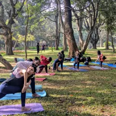 A helping hand can make all the difference. In our group classes, I provide personal adjustments to help you find better alignment and go deeper into a pose, like this Parivrtta Parsvakonasana (Revolved Side Angle Pose).