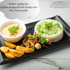 A complete meal featuring my Chicken Stroganoff served with parsley rice, sautéed vegetables, and potato wedges. This is a popular main course for corporate lunches and private dinner parties.