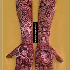 A custom bridal mehendi featuring portraits of the bride and groom on the palms. The design also incorporates sacred elements like a havan kund and swastika symbols.