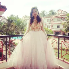 I travel for shoots, and this one in Goa was for a dreamy, destination-themed project. I styled this voluminous tulle gown with an intricately embroidered bodice to create a stunning look perfect for a cocktail evening or pre-wedding shoot.