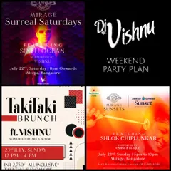 This graphic shows a typical weekend party plan, featuring a brunch session followed by a sunset and night set. As an in-demand DJ, I am experienced in performing at multiple event formats in a single day, always bringing fresh energy to each one.
