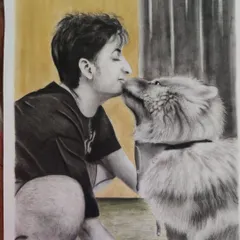 This piece captures a tender moment between a pet parent and their fluffy companion. Creating portraits that show this deep bond is one of the most rewarding parts of my work as a pet portrait artist.